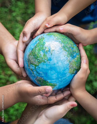 Group of children holding planet earth over defocused nature background with copy space
