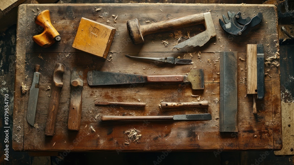 Carpentry Tools on Wooden Workbench Carpentry Tools on Wooden Workbench