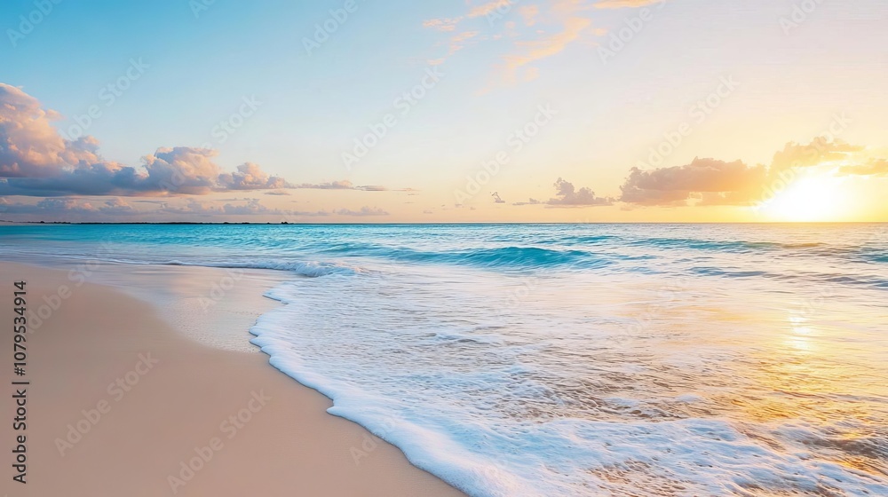 Beach at sunrise, diffused light, soft waves, peaceful scene Beach at sunrise, diffused light, soft waves, peaceful scene