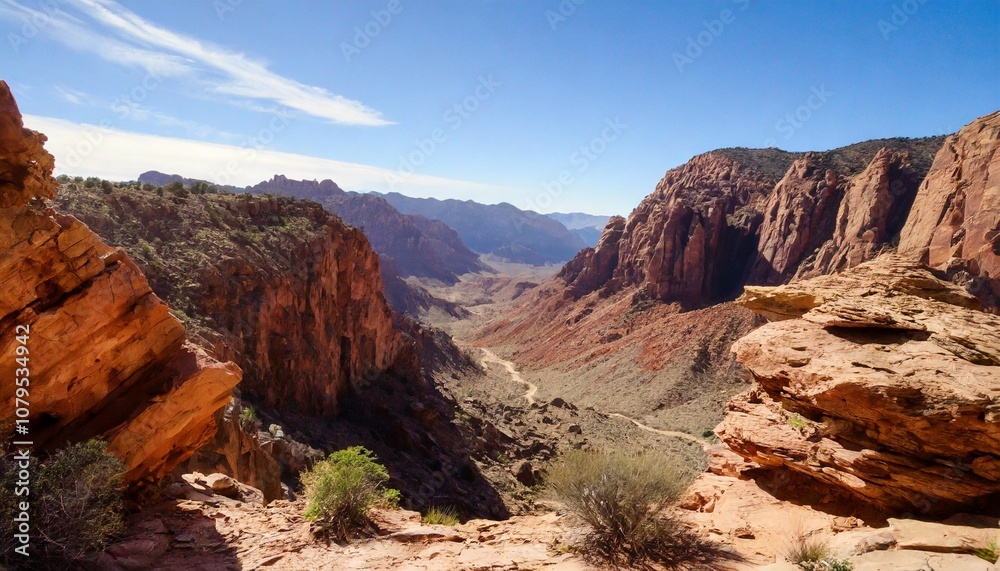 Towering Cliffs Overlooking a Vast Desert Canyon, With Jagged Rock Formations and Deep Red Sands Under the Midday Sun, Creating a Rugged, Timeless Landscape
