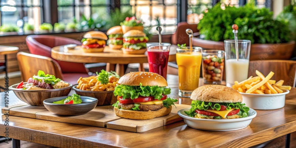 Dining table set with burgers, fries, vegetables, salad, and dressings in a restaurant food station , burger Dining table set with burgers, fries, vegetables, salad, and dressings in a restaurant food station , burger