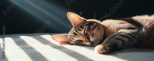 Cat napping in sunbeam, cozy, diffused natural light, tranquil scene photo