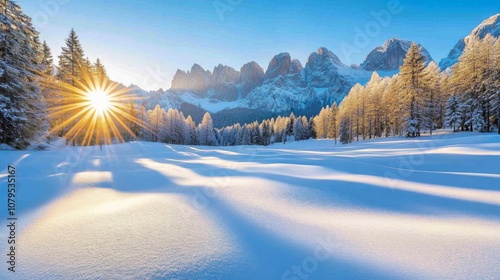 Sunbeams Illuminating a Snowy Mountain Valley photo