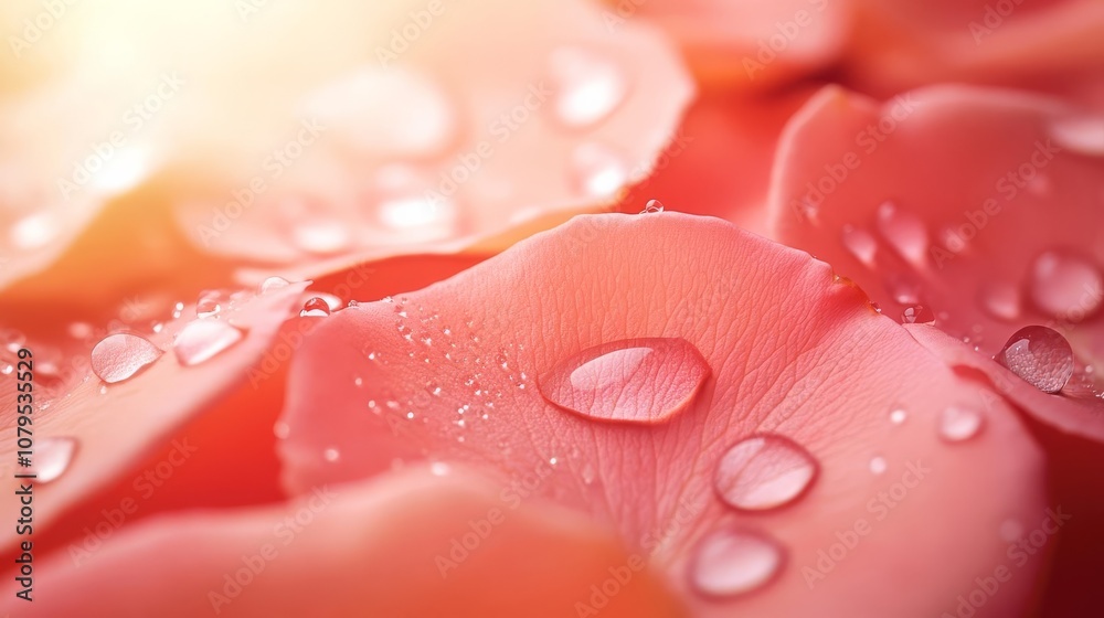 Close-up of dew-covered rose petals, soft natural light, vibrant colors, delicate focus, diffused sunlight Close-up of dew-covered rose petals, soft natural light, vibrant colors, delicate focus, diffused sunlight