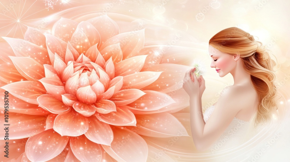 A serene woman admires a large pink lotus flower, embodying beauty and tranquility. A serene woman admires a large pink lotus flower, embodying beauty and tranquility.