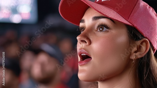 A focused young woman in a red cap appears captivated, potentially at a sports event, expressing excitement and engagement. photo