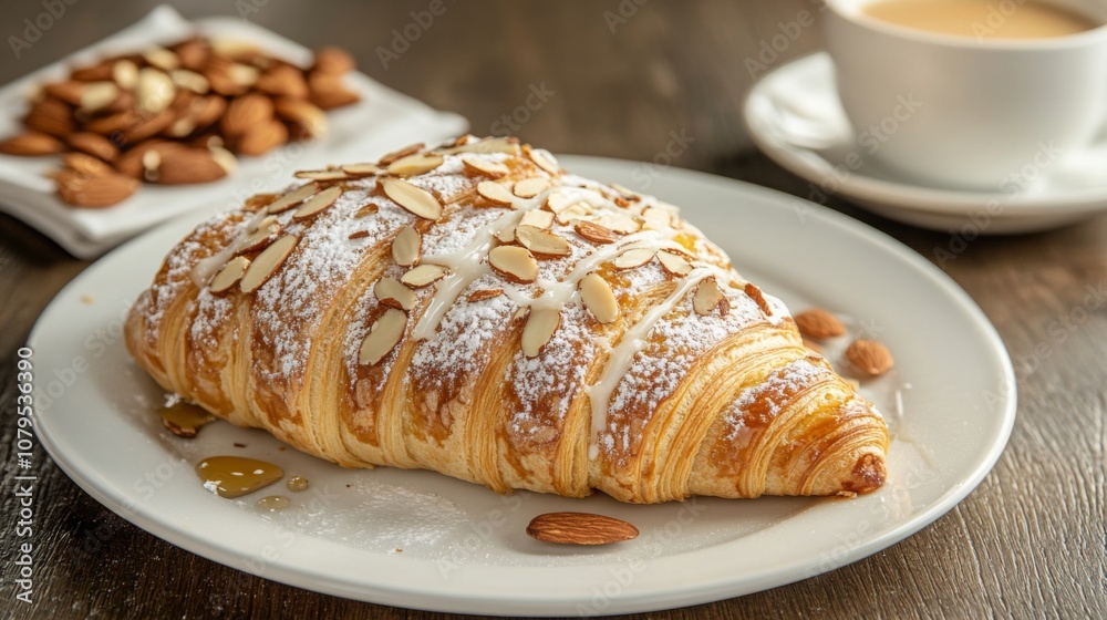 A delicious almond croissant topped with sliced almonds and powdered sugar sits on a white plate next to a warm cup of coffee and a small bowl of almonds, creating an inviting breakfast scene. A delicious almond croissant topped with sliced almonds and powdered sugar sits on a white plate next to a warm cup of coffee and a small bowl of almonds, creating an inviting breakfast scene.