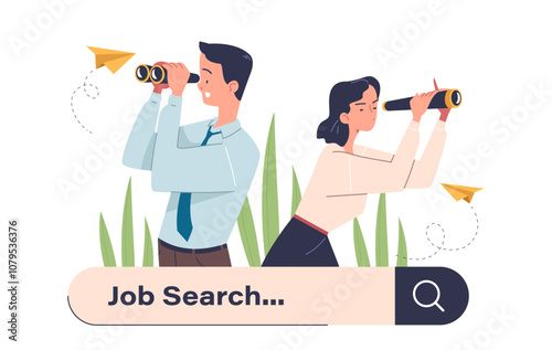 Online job search. Man and woman with binoculars near search bar. Employee and workers candidates for vacancies. Hiring and recruitment. Linear vector illustration isolated on white background