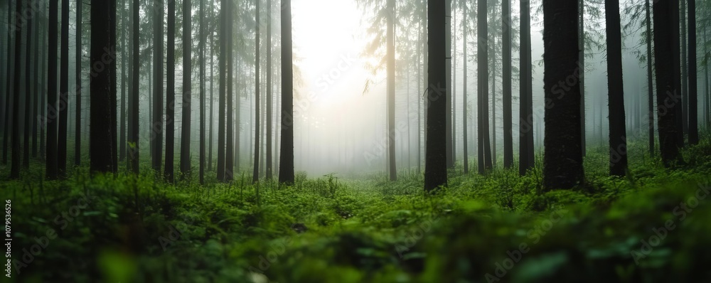 Naklejka premium Foggy morning forest, sunlight breaking through, diffused light, calm