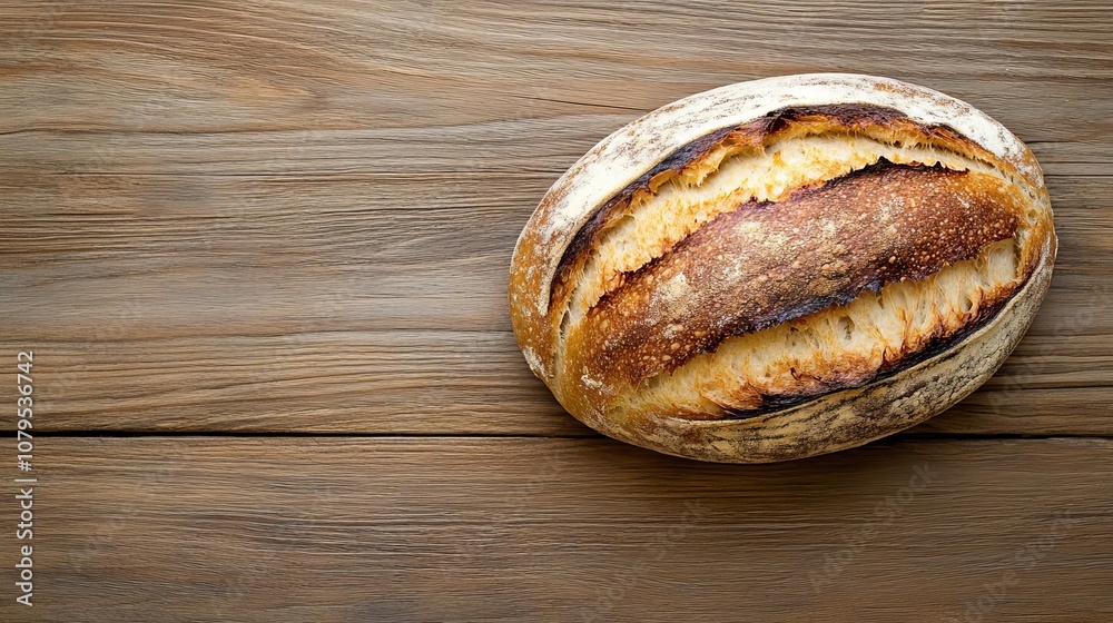 Freshly baked bread on rustic wooden table, sunlight softly highlighting crust, warm and homely, diffused light Freshly baked bread on rustic wooden table, sunlight softly highlighting crust, warm and homely, diffused light