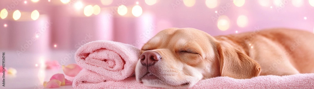 A peaceful golden retriever puppy sleeps on a soft pink towel, surrounded by a dreamy, softly lit background. A peaceful golden retriever puppy sleeps on a soft pink towel, surrounded by a dreamy, softly lit background.
