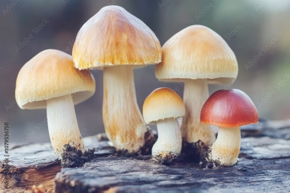 A cluster of various mushrooms on a wooden surface in a natural setting. A cluster of various mushrooms on a wooden surface in a natural setting.