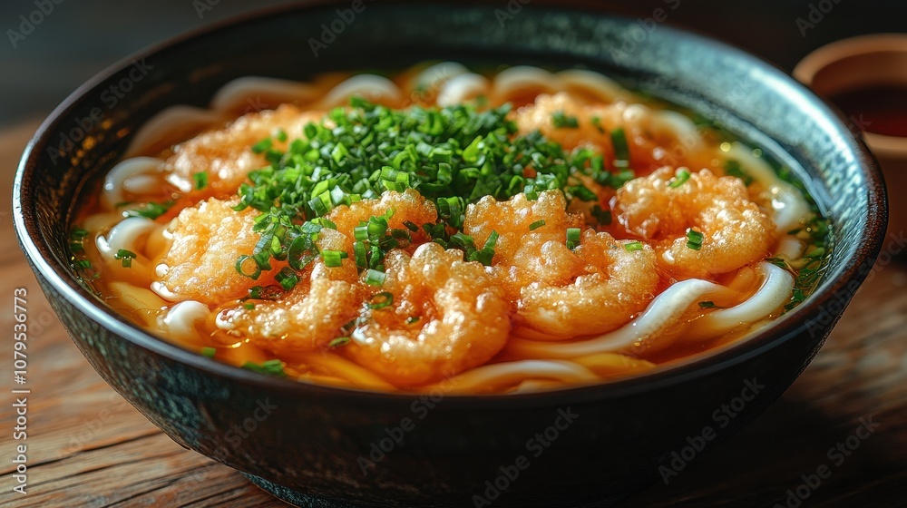 Japanese udon noodles in savory broth, garnished with crispy tempura, vibrant colors and textures create a delightful culinary experience Japanese udon noodles in savory broth, garnished with crispy tempura, vibrant colors and textures create a delightful culinary experience