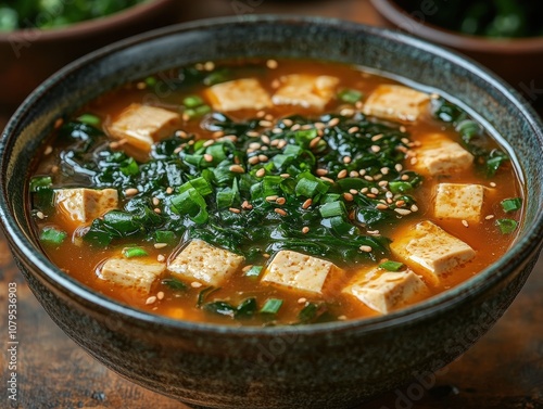 Elegant miso soup with tofu and seaweed, beautifully arranged, vibrant colors and textures, inviting presentation, perfect for culinary enthusiasts photo