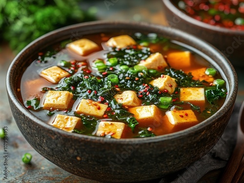 Elegant miso soup with tofu and seaweed, beautifully arranged, vibrant colors, inviting presentation, rich textures, culinary delight