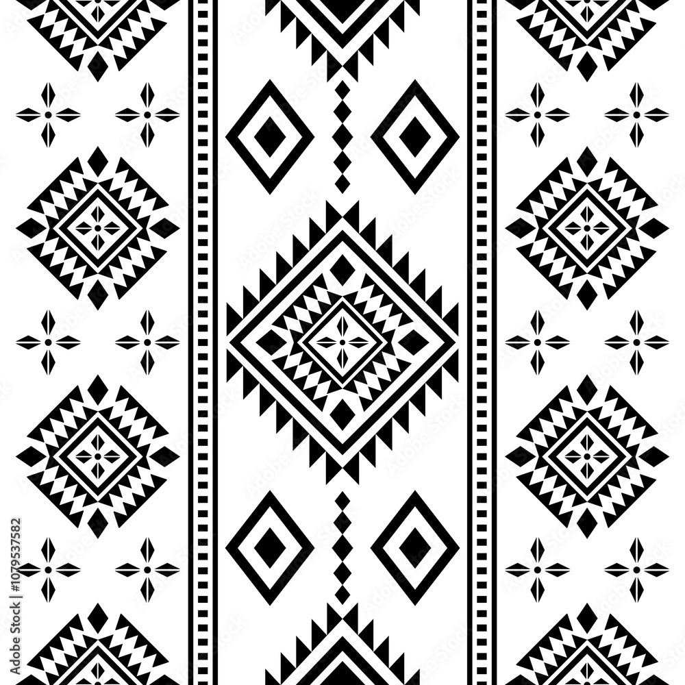 Fototapeta premium Southwest Aztec geometric Native American Mexican Navajo tribal ethnic seamless pattern fabric black and white design vector for textile printing