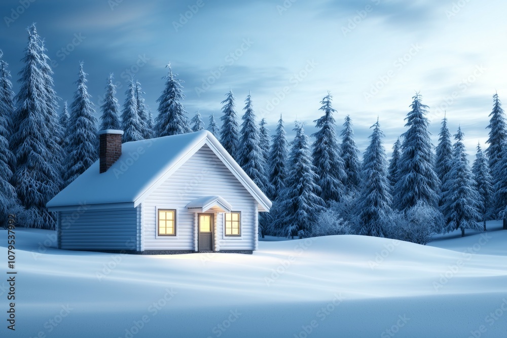 A small white house with a chimney sits in a snowy field A small white house with a chimney sits in a snowy field