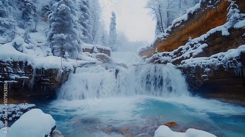 Fototapeta Naklejka Na Ścianę i Meble -  A frozen waterfall with a blue river flowing underneath