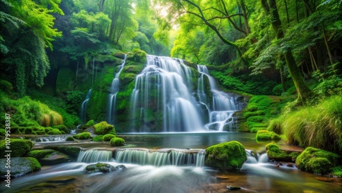 A serene waterfall cascading through a lush green forest , nature, water, scenery, landscape, tranquility, peaceful, stream