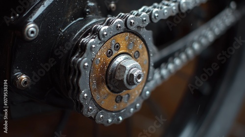 Close-up of a motorcycle chain and sprocket with water droplets. photo