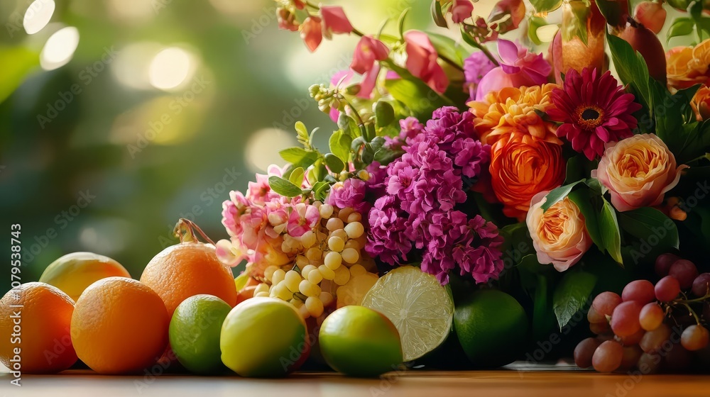 Still life of fruit and flowers, sunlight softly illuminating, vibrant and fresh, diffused light Still life of fruit and flowers, sunlight softly illuminating, vibrant and fresh, diffused light