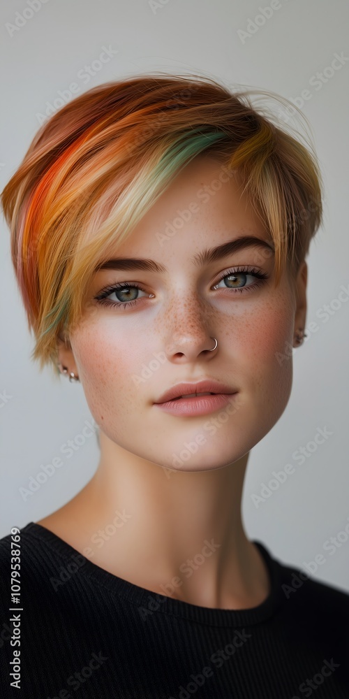 A young tomboy with short, vibrant hair showcases a confident expression while posing indoors. The stylish look highlights edgy features in warm lighting, capturing a contemporary vibe. A young tomboy with short, vibrant hair showcases a confident expression while posing indoors. The stylish look highlights edgy features in warm lighting, capturing a contemporary vibe.