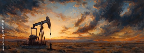 A lone oil pump stands silhouetted against a dramatic sunset sky, showcasing the stark beauty of a deserted landscape.
