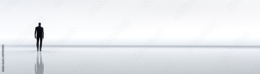 A solitary figure stands against a minimalist, reflective backdrop, evoking introspection.