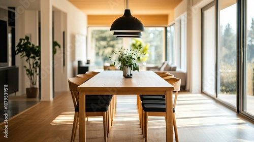 Spacious dining room with a long wooden table, chic pendant lighting, and modern chairs, copy space