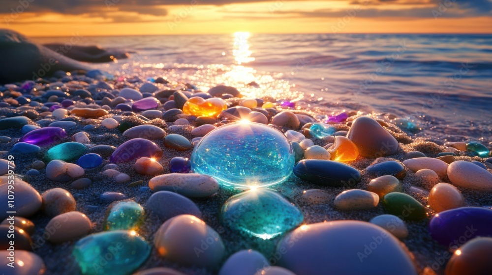 Obraz premium Glimmering Shore: A Crystal Sunset Beachscape