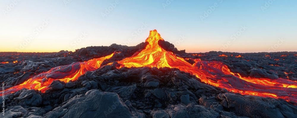 Fototapeta premium Vivid volcanic eruption with lava flow against a sunset sky, isolated background.
