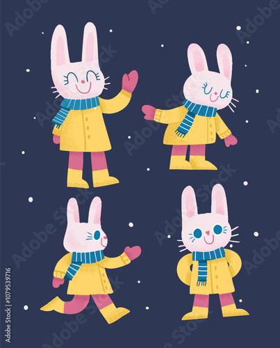 Winter Bunny Illustrations Set with Cozy Outfit and Snowy Background