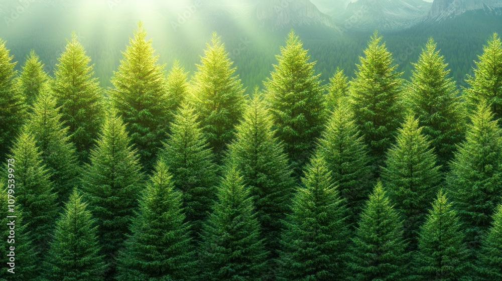 Fototapeta premium Sunlight streams through a dense forest of evergreen trees with a mountain range in the background.
