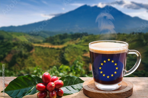 Cup of black coffee with coffee cherry and mountain farming background. Concept for EU Deforestation or EUDR, regulation environmental policy and drinking coffee in European Union.