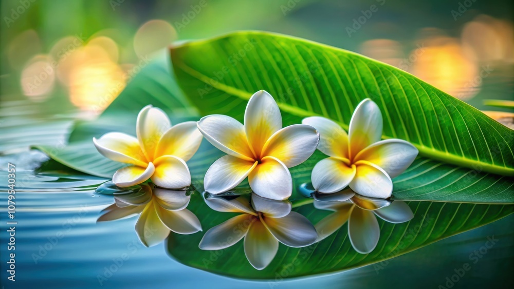 Naklejka premium Plumeria flowers on green leaf floating on calm water , Plumeria, flowers, green leaf, floating, water, peaceful