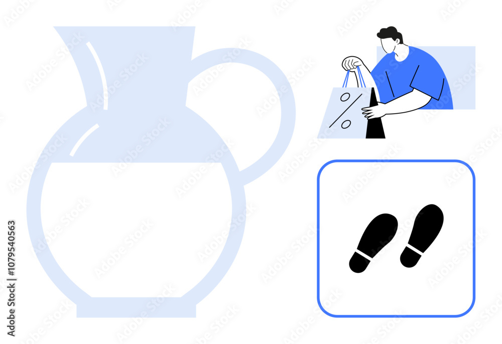 Large pitcher of water beside person carrying shopping bags and icon of footprints. Ideal for hydration, shopping, movement, fitness, health, retail, daily routine. Line metaphor Large pitcher of water beside person carrying shopping bags and icon of footprints. Ideal for hydration, shopping, movement, fitness, health, retail, daily routine. Line metaphor