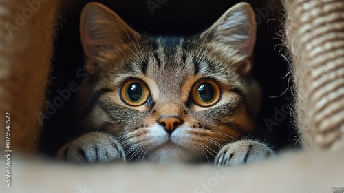 A curious cat peering out from a cozy hiding spot.
