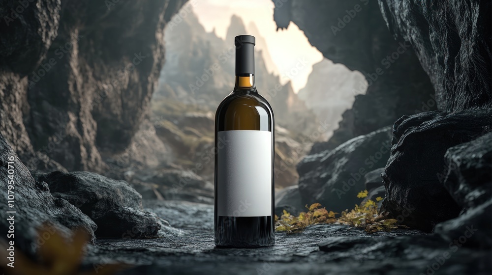 A bottle of wine stands in the entrance of a cave with a mountainous landscape behind it. A bottle of wine stands in the entrance of a cave with a mountainous landscape behind it.