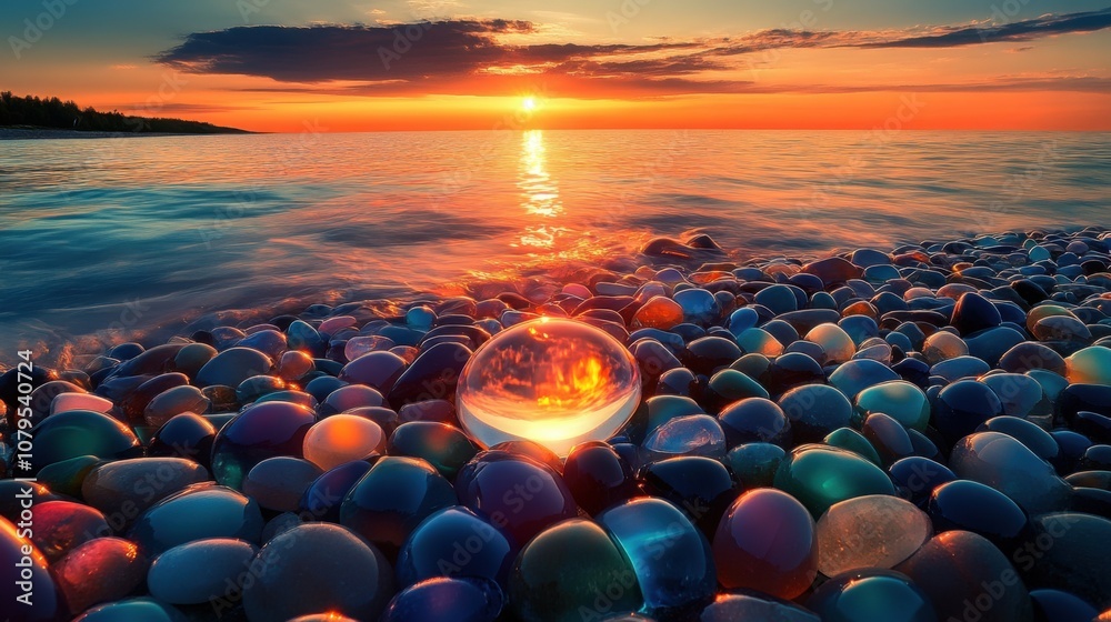 Fototapeta premium Glimmering Shore: A Crystal Sunset Beachscape