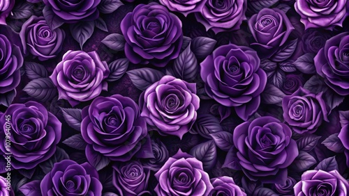 Horizontal seamless pattern of dark purple roses in modern gothic style, roses, dark purple, horizontal