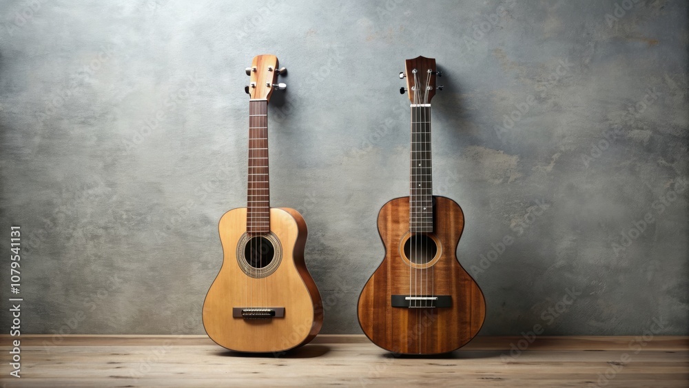 Fototapeta premium of a ukulele and acoustic guitar in a simple and minimalistic style, ukulele, acoustic, guitar, music, instruments, string