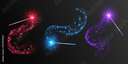 Magic wands with smoke and sparkles, wizard staffs for casting spells with smoke and glowing stars. Colorful fantasy glittery mystic rod in motion. Vector illustration.
