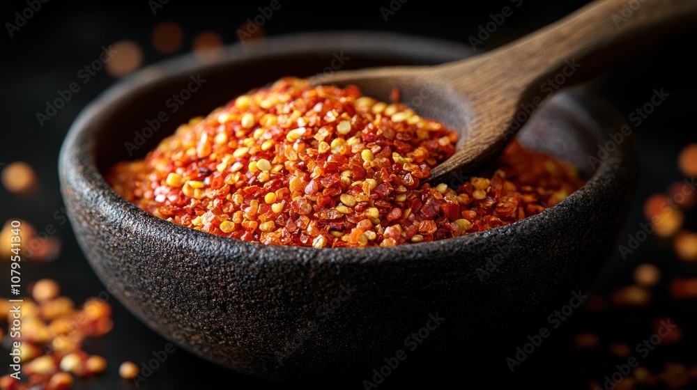 Close-up of red chili flakes in a wooden bowl with a wooden spoon. Close-up of red chili flakes in a wooden bowl with a wooden spoon.