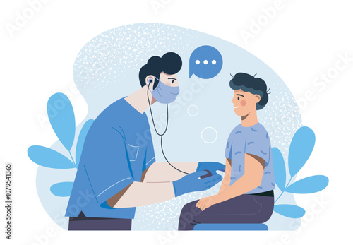 Pediatrician with child. Man with stethoscope in doctors mask examines teenager. Diagnostics and treatment. Healthcare and medicine. Flat vector illustration isolated on white background