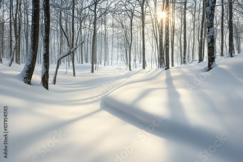 A snowy forest with a sun shining through the trees