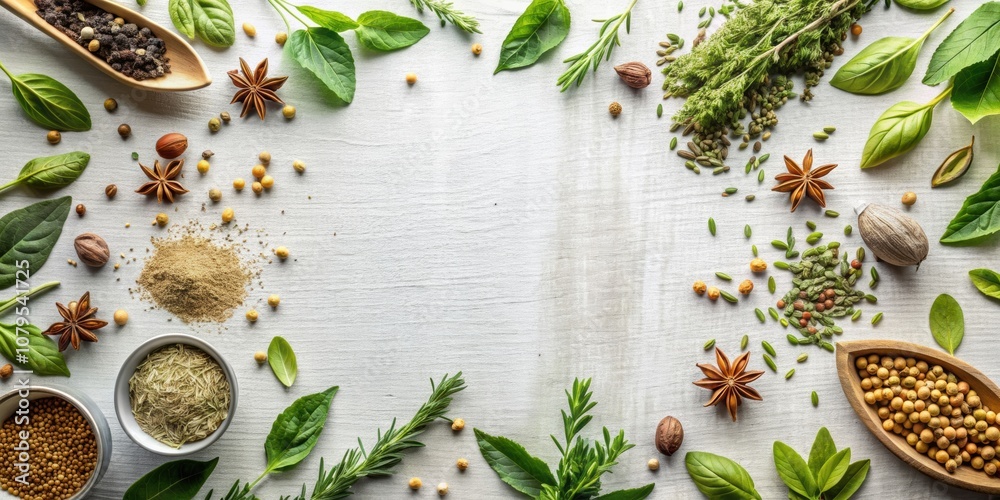 Herbal leaves and seeds scattered on a neutral background, herbal, leaves, seeds, botanical, natural, organic, plant Herbal leaves and seeds scattered on a neutral background, herbal, leaves, seeds, botanical, natural, organic, plant