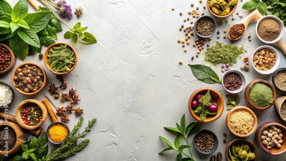 custom made wallpaper toronto digitalVarious herbal leaves and seeds on a neutral background, herbs, leaves, seeds, greenery, natural, organic