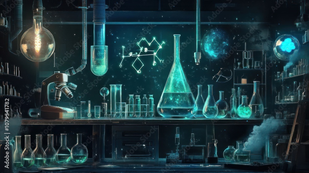 Fototapeta premium A magical science laboratory with glowing beakers, flasks, and other equipment.