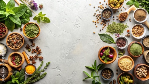 Wallpaper Mural Various herbal leaves and seeds on a neutral background, herbs, leaves, seeds, greenery, natural, organic Torontodigital.ca