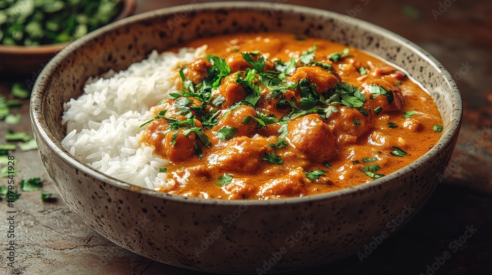 Savory curry with fragrant rice, vibrant garnishes, inviting presentation, rich colors, enticing aroma, culinary delight Savory curry with fragrant rice, vibrant garnishes, inviting presentation, rich colors, enticing aroma, culinary delight